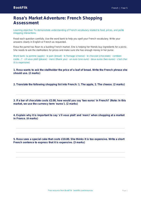 Free Shopping Assessment | Year 5 Core | BookFlik worksheet preview — French Shopping