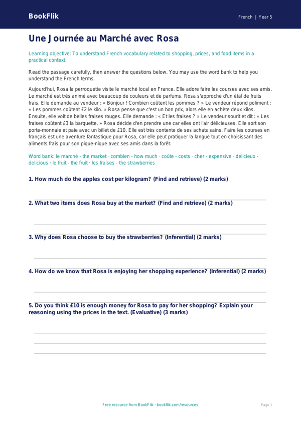 Free Shopping Comprehension | Year 5 Core | BookFlik worksheet preview — French Shopping