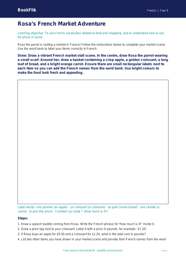 Free Shopping Drawing Sheet | Year 5 Core | BookFlik worksheet preview — French Shopping