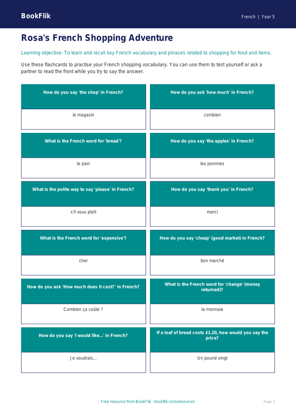 Free Shopping Flashcards | Year 5 Core | BookFlik worksheet preview — French Shopping