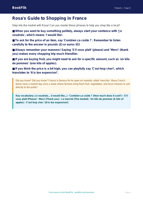 Free Shopping Poster | Year 5 Core | BookFlik worksheet preview — French Shopping