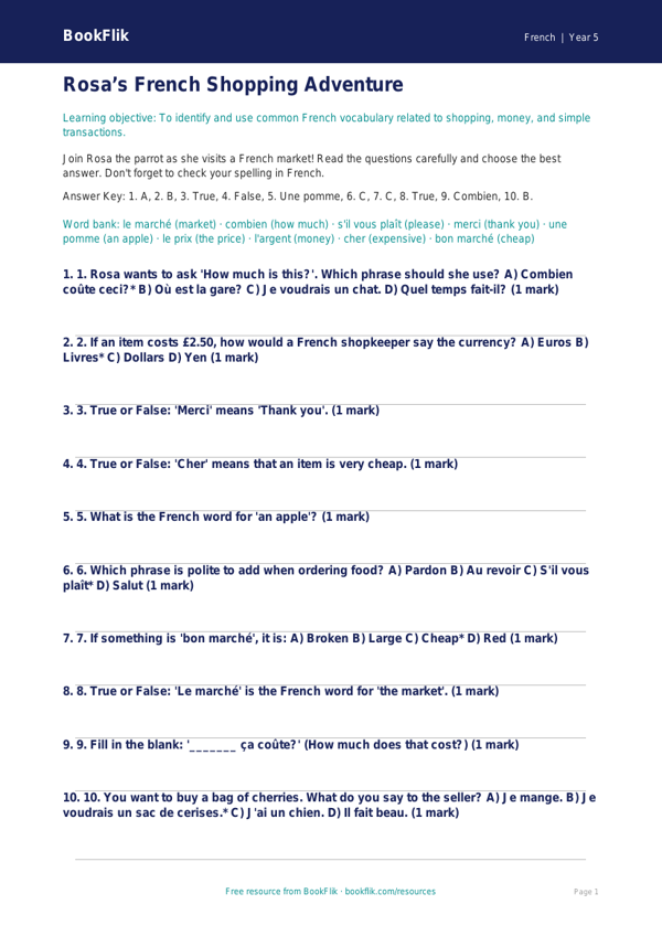 Free Shopping Quiz | Year 5 Core | BookFlik worksheet preview — French Shopping