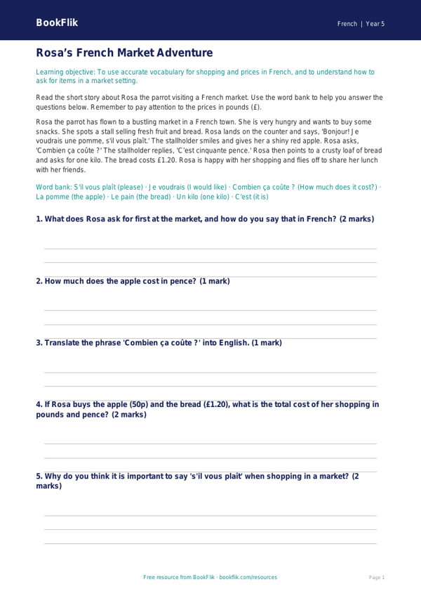 Free Shopping Math Worksheet | Year 5 Core | BookFlik worksheet preview — French Shopping