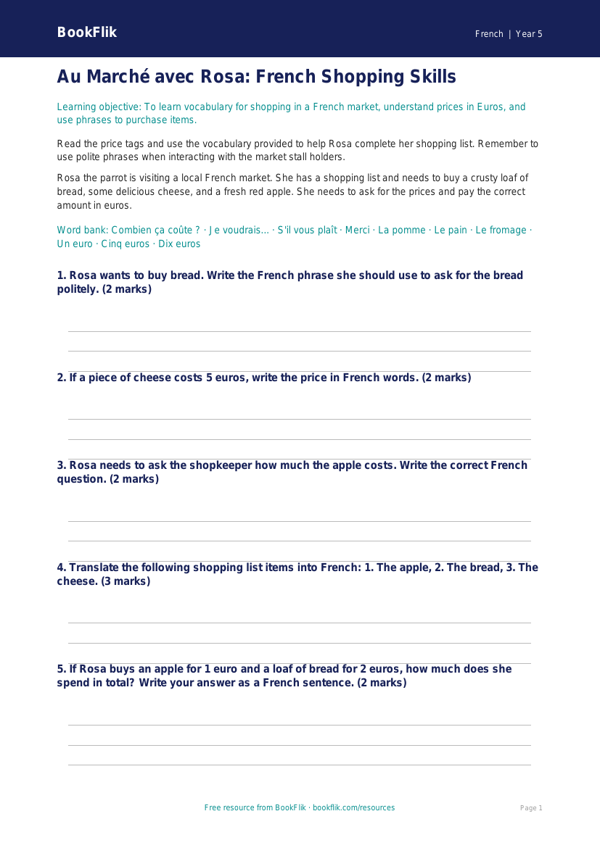 Free Shopping Worksheet | Year 5 Core | BookFlik worksheet preview — French Shopping