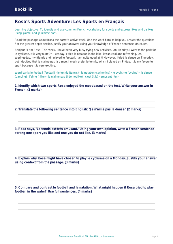 Free Sports Track Sheet | Year 4 Greater Depth | BookFlik worksheet preview — French Sports
