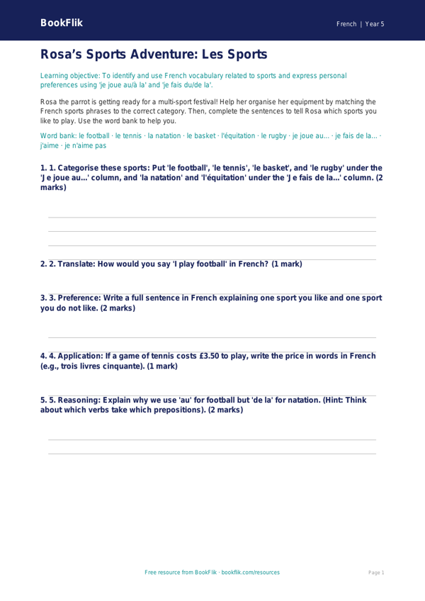 Free Sports Activity Sheet | Year 5 Core | BookFlik worksheet preview — French Sports