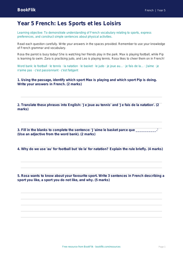 Free Sports Assessment Worksheet | Year 5 Core | BookFlik worksheet preview — French Sports