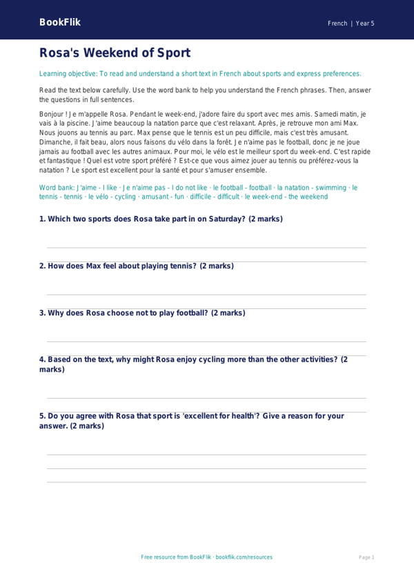 Free Sports Comprehension | Year 5 Core | BookFlik worksheet preview — French Sports