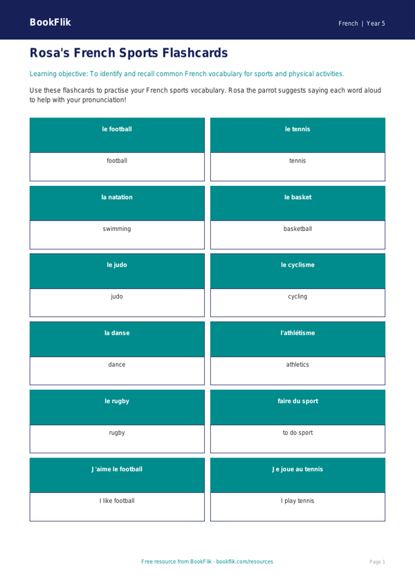 Free Sports Flashcards | Year 5 Core | BookFlik worksheet preview — French Sports
