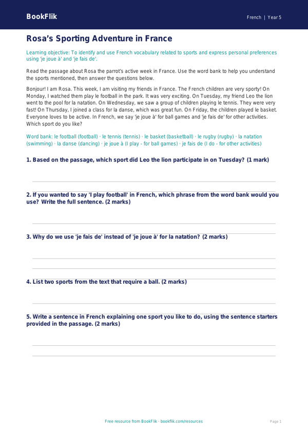 Free Sports Track Sheet | Year 5 Core | BookFlik worksheet preview — French Sports