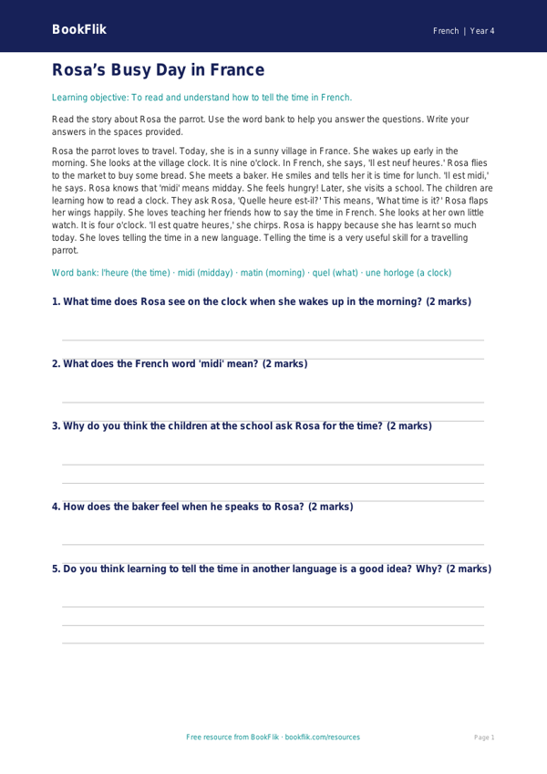 Free Telling The Time Comprehension | Year 4 Supported | BookFlik worksheet preview — French Telling The Time
