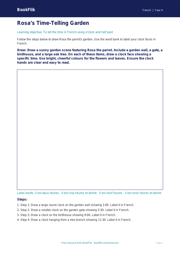 Free Telling The Time Drawing Sheet | Year 4 Supported | BookFlik worksheet preview — French Telling The Time