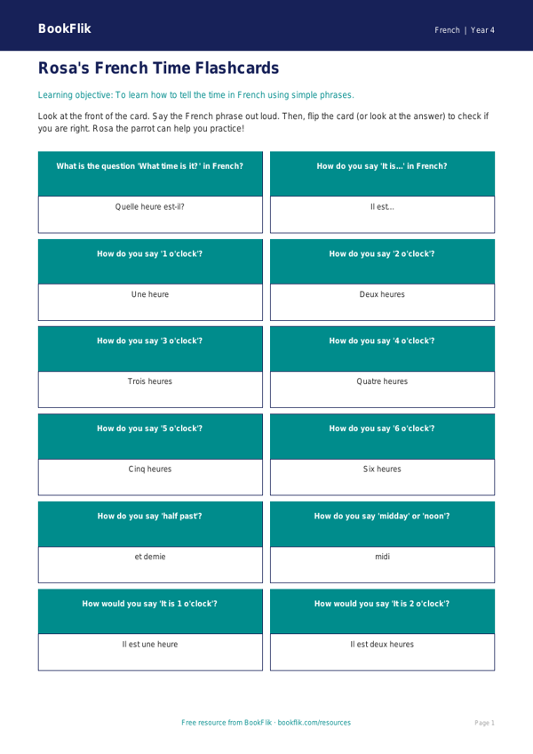 Free Telling The Time Flashcards | Year 4 Supported | BookFlik worksheet preview — French Telling The Time
