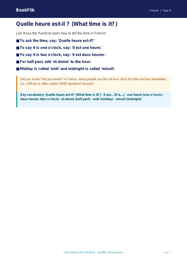Free Telling The Time Poster | Year 4 Supported | BookFlik worksheet preview — French Telling The Time
