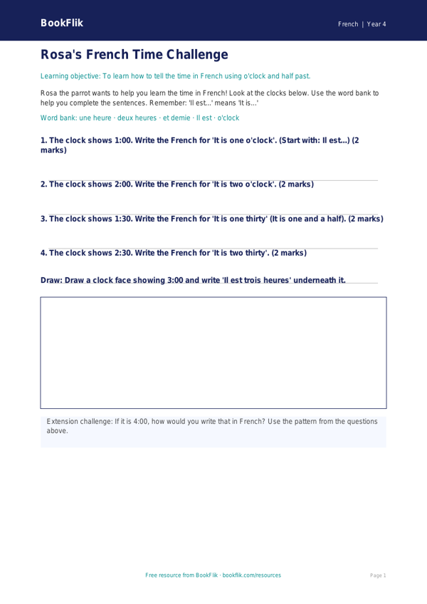 Free Telling The Time Worksheet | Year 4 Supported | BookFlik worksheet preview — French Telling The Time