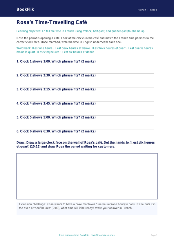 Free Telling The Time Activity Sheet | Year 5 Core | BookFlik worksheet preview — French Telling The Time