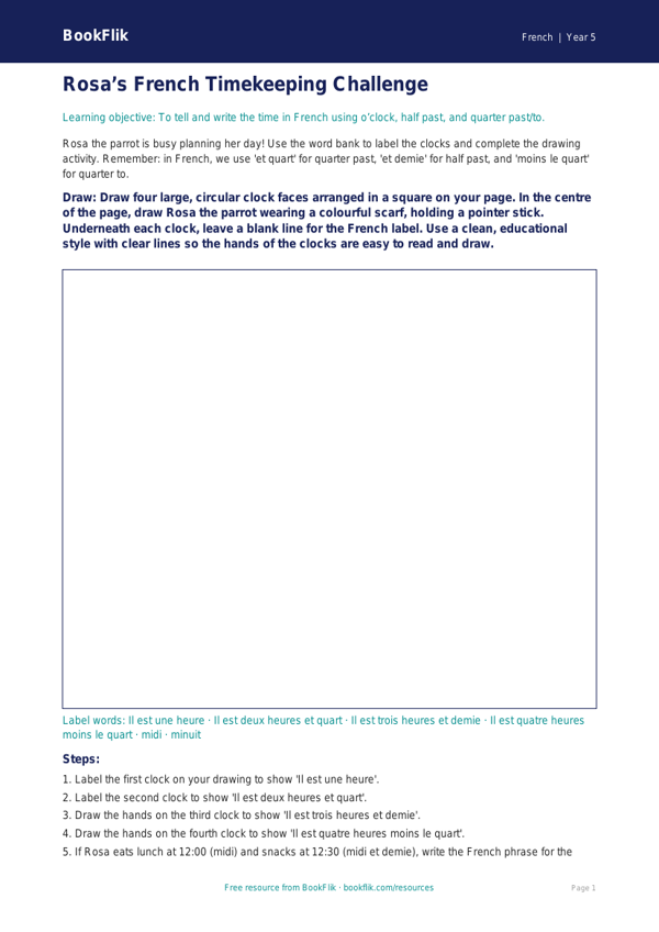 Free Telling The Time Drawing Sheet | Year 5 Core | BookFlik worksheet preview — French Telling The Time