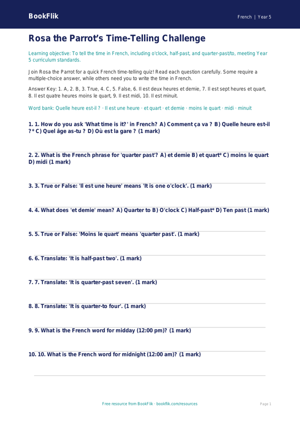 Free Telling The Time Quiz | Year 5 Core | BookFlik worksheet preview — French Telling The Time