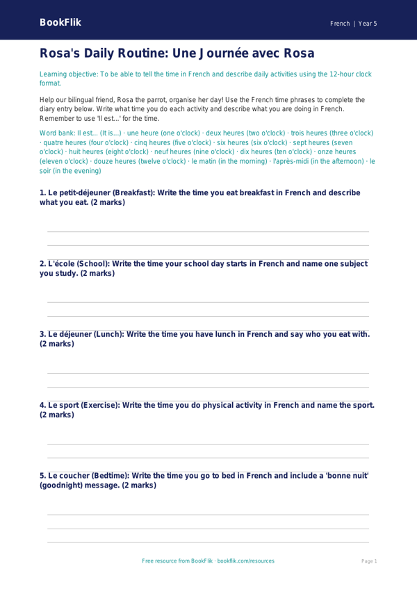 Free Telling The Time Template | Year 5 Core | BookFlik worksheet preview — French Telling The Time