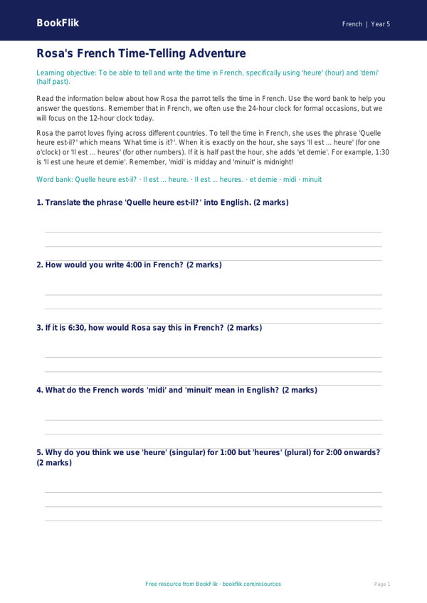 Free Telling The Time Track Sheet | Year 5 Core | BookFlik worksheet preview — French Telling The Time