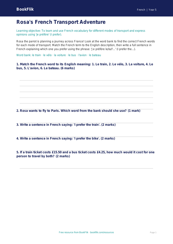 Free Transport Activity Sheet | Year 5 Core | BookFlik worksheet preview — French Transport