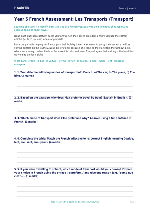 Free Transport Assessment | Year 5 Core | BookFlik worksheet preview — French Transport