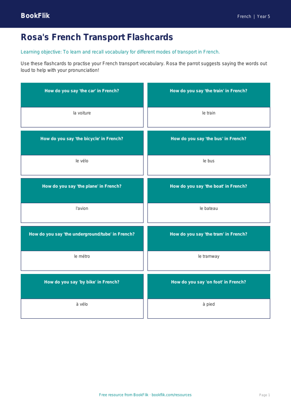 Free Transport Flashcards | Year 5 Core | BookFlik worksheet preview — French Transport
