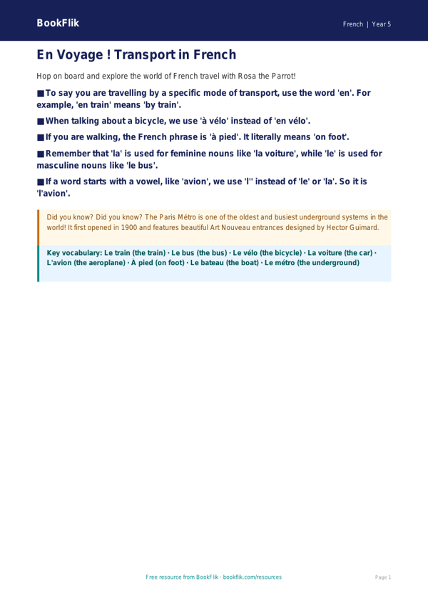 Free Transport Poster | Year 5 Core | BookFlik worksheet preview — French Transport