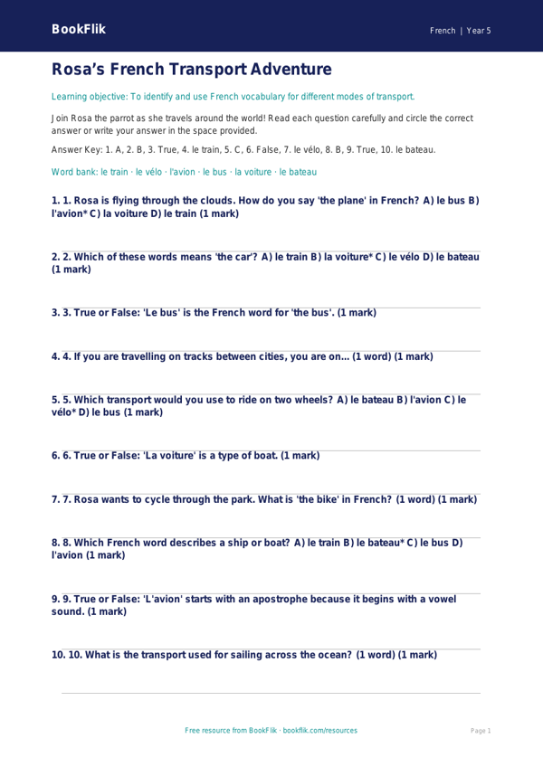 Free Transport Quiz | Year 5 Core | BookFlik worksheet preview — French Transport