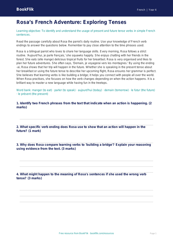Free Verbs And Tenses Comprehension | Year 4 Greater Depth | BookFlik worksheet preview — French Verbs And Tenses