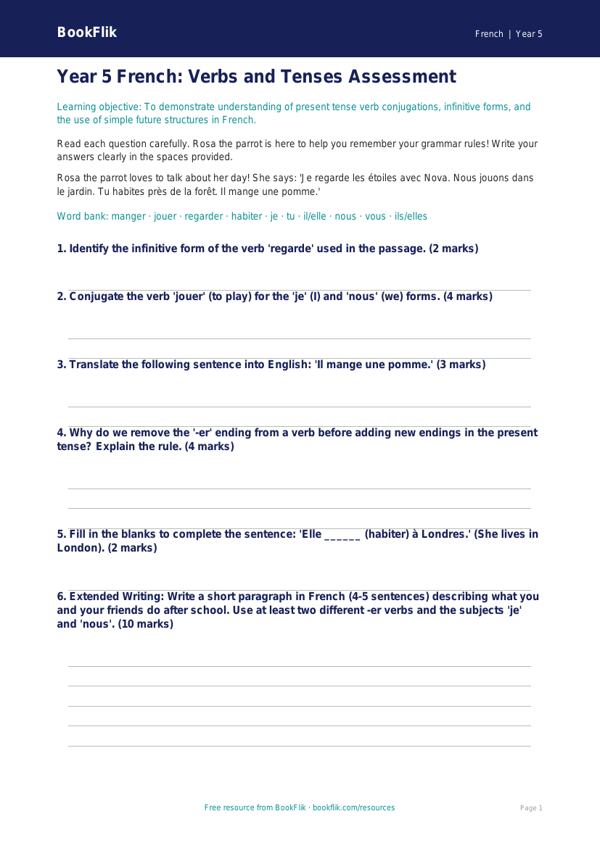 Free Verbs And Tenses Assessment | Year 5 Core | BookFlik worksheet preview — French Verbs And Tenses