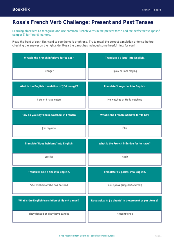 Free Verbs And Tenses Flashcards | Year 5 Core | BookFlik worksheet preview — French Verbs And Tenses