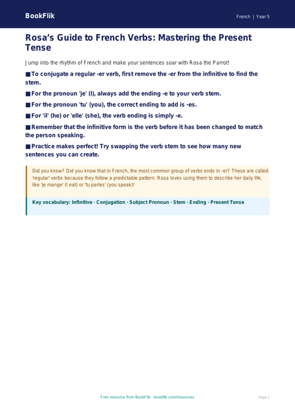 Free Verbs And Tenses Poster | Year 5 Core | BookFlik worksheet preview — French Verbs And Tenses