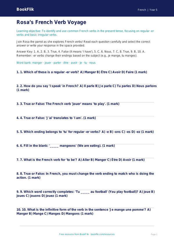 Free Verbs And Tenses Quiz | Year 5 Core | BookFlik worksheet preview — French Verbs And Tenses