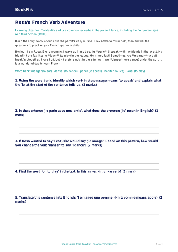 Free Verbs And Tenses Track Sheet | Year 5 Core | BookFlik worksheet preview — French Verbs And Tenses