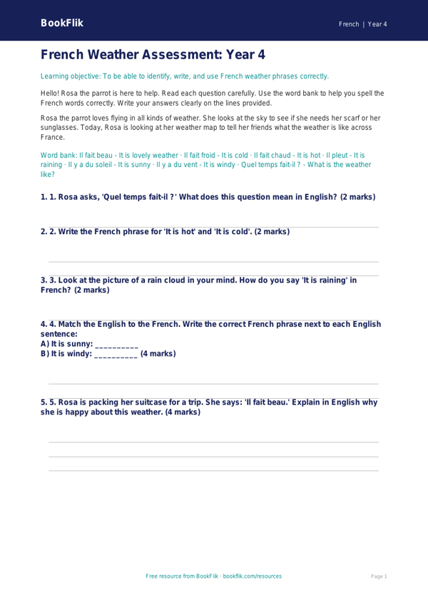 Free Weather Assessment | Year 4 Supported | BookFlik worksheet preview — French Weather