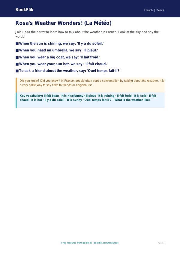 Free Weather Poster | Year 4 Supported | BookFlik worksheet preview — French Weather