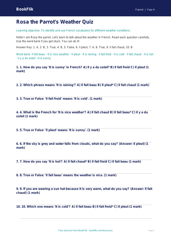 Free Weather Quiz | Year 4 Supported | BookFlik worksheet preview — French Weather