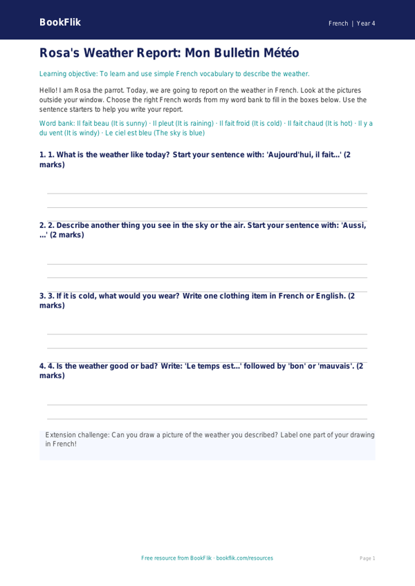 Free Weather Template | Year 4 Supported | BookFlik worksheet preview — French Weather