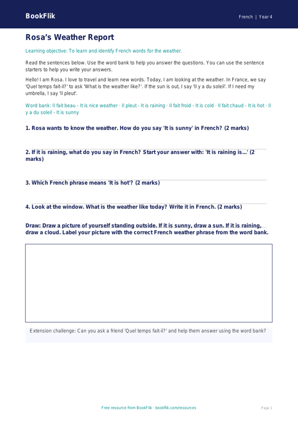Free Weather Track Sheet | Year 4 Supported | BookFlik worksheet preview — French Weather