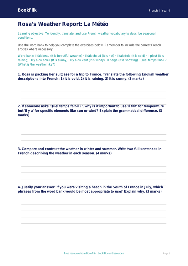 Free Weather Worksheet | Year 4 Greater Depth | BookFlik worksheet preview — French Weather