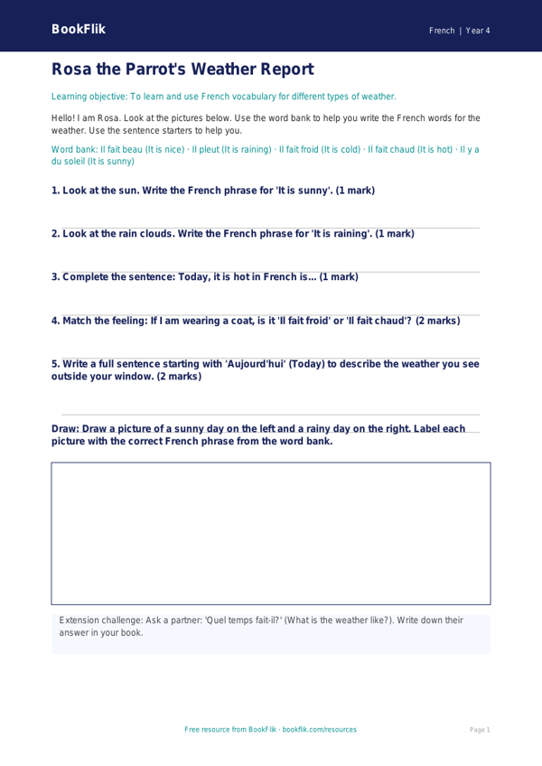 Free Weather Worksheet | Year 4 Supported | BookFlik worksheet preview — French Weather