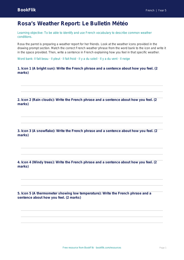 Free Weather Activity Sheet | Year 5 Core | BookFlik worksheet preview — French Weather