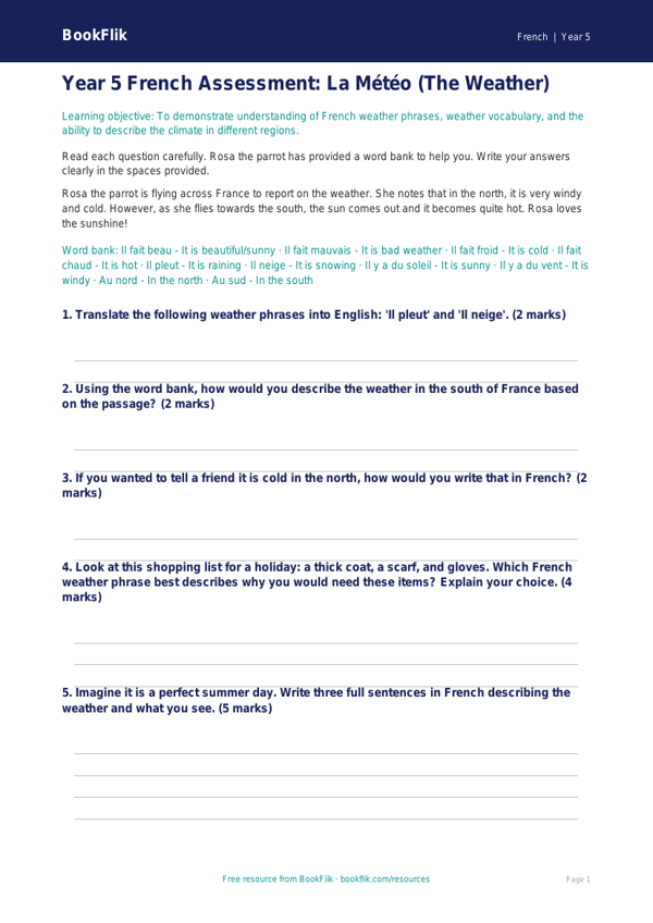 Free Weather Assessment | Year 5 Core | BookFlik worksheet preview — French Weather