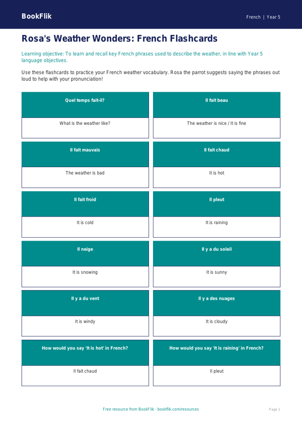 Free Weather Flashcards | Year 5 Core | BookFlik worksheet preview — French Weather