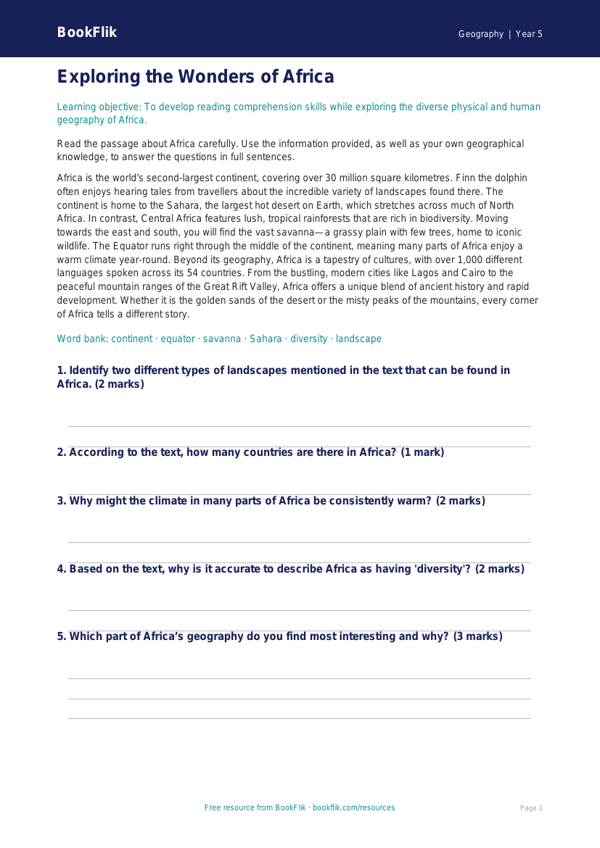 Free Africa Comprehension | Year 5 Core | BookFlik worksheet preview — Geography Africa