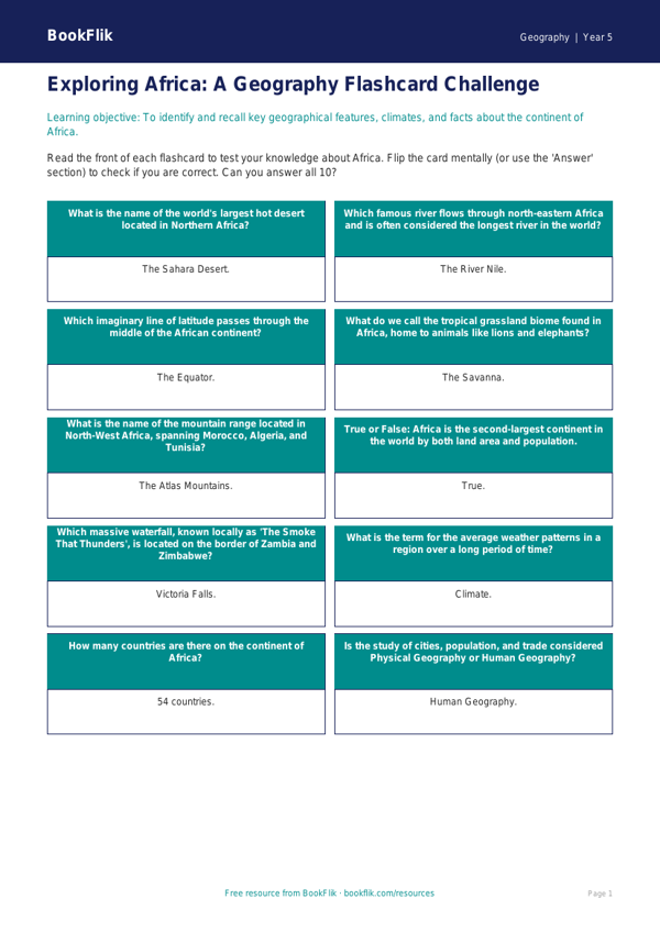 Free Africa Flashcards | Year 5 Geography | BookFlik worksheet preview — Geography Africa