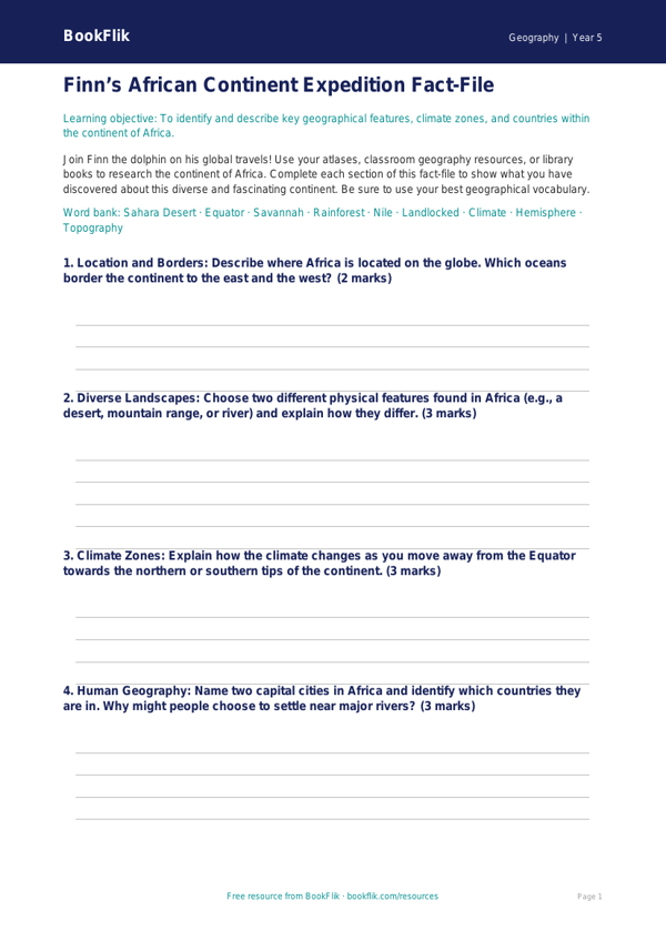 Free Africa Template | Year 5 Core | BookFlik worksheet preview — Geography Africa