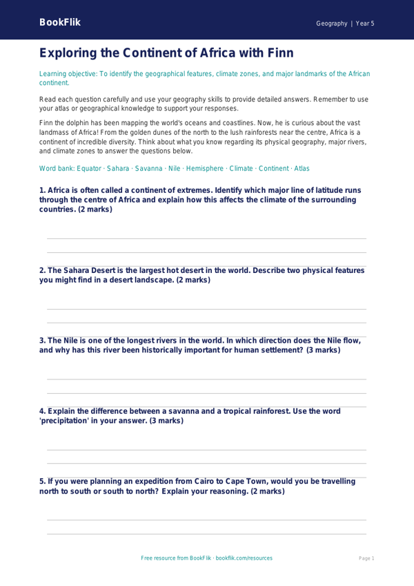 Free Africa Worksheet | Year 5 Geography | BookFlik worksheet preview — Geography Africa