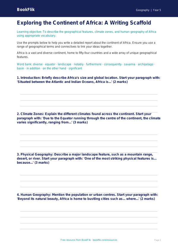 Free Africa Writing Frame | Year 5 Core | BookFlik worksheet preview — Geography Africa